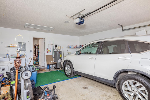 garage featuring a garage door opener and water heater