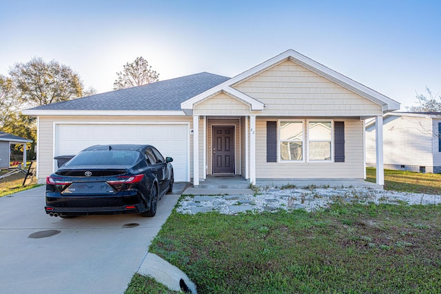 single story home with a front yard, an attached garage, driveway, and a shingled roof