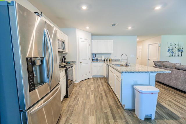 kitchen with visible vents, stainless steel appliances, a sink, light wood-style floors, and open floor plan