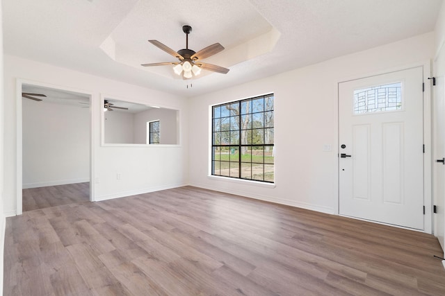 foyer entrance with a raised ceiling, baseboards, and wood finished floors