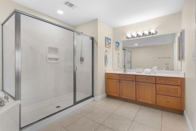 bathroom with a stall shower, visible vents, baseboards, tile patterned flooring, and vanity