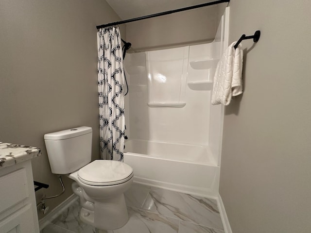 full bathroom with vanity, shower / bathtub combination with curtain, baseboards, toilet, and marble finish floor