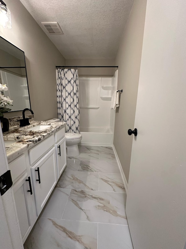 full bath featuring baseboards, visible vents, a textured ceiling, toilet, and marble finish floor