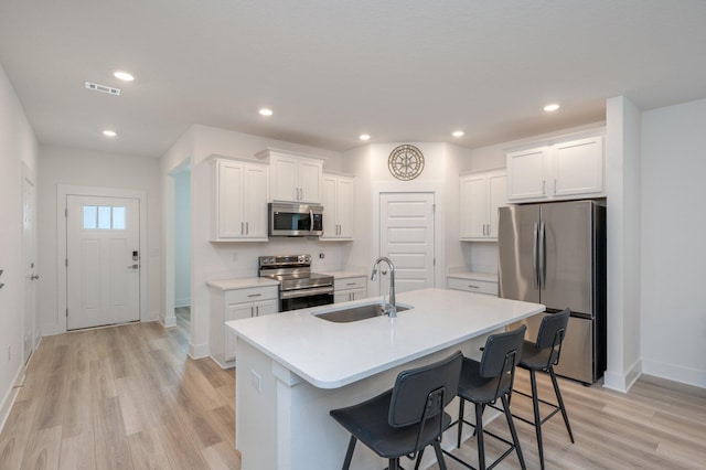 kitchen with appliances with stainless steel finishes, a sink, visible vents, and white cabinetry