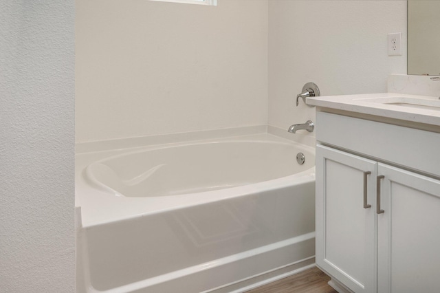 bathroom with wood finished floors, vanity, and a bathing tub