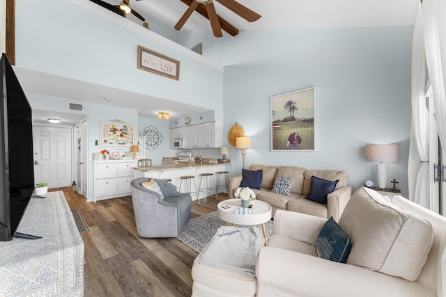 living area featuring ceiling fan, high vaulted ceiling, wood finished floors, visible vents, and beam ceiling