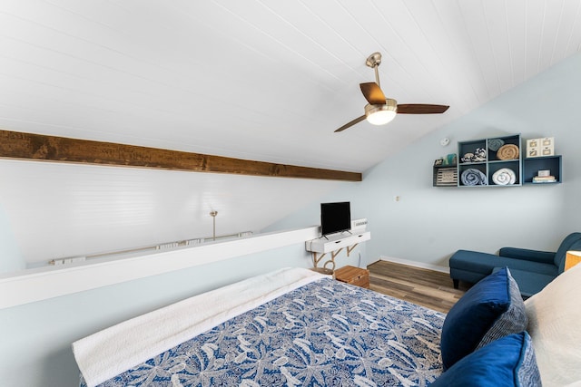 bedroom with ceiling fan, lofted ceiling with beams, baseboards, and wood finished floors