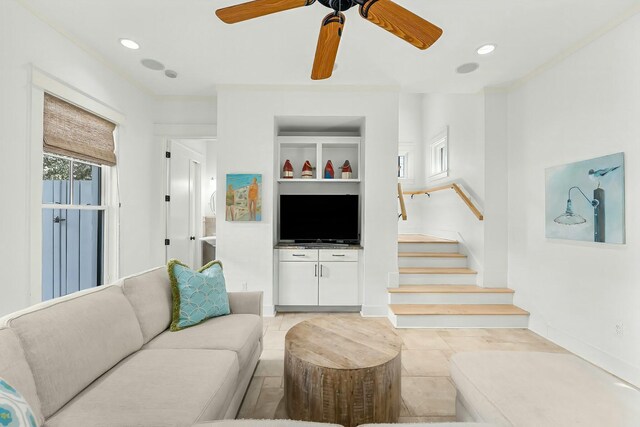 95 Rosemary Ave, Rosemary Beach, FL 32461 - living area featuring recessed lighting, built in shelves, stairs, and a ceiling fan