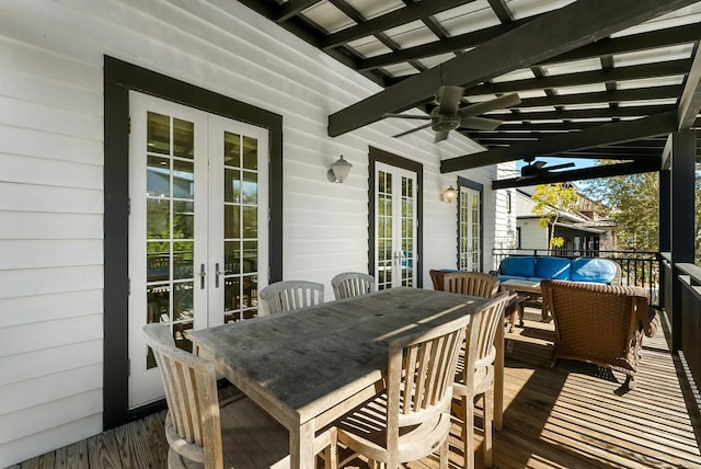 95 Rosemary Ave, Rosemary Beach, FL 32461 - deck with an outdoor living space, french doors, outdoor dining space, and a ceiling fan