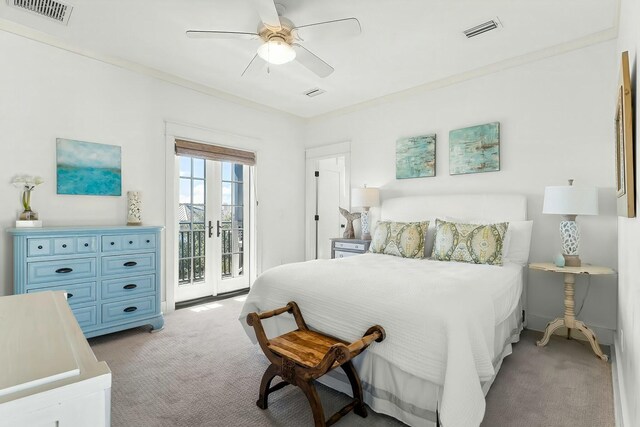 95 Rosemary Ave, Rosemary Beach, FL 32461 - bedroom with light carpet, visible vents, crown molding, and access to outside