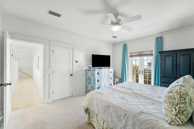 95 Rosemary Ave, Rosemary Beach, FL 32461 - bedroom with access to exterior, visible vents, light colored carpet, french doors, and a ceiling fan