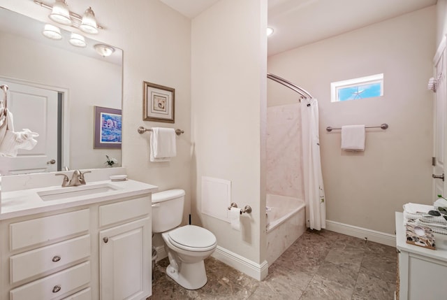 full bathroom with toilet, vanity, baseboards, and shower / bathtub combination with curtain