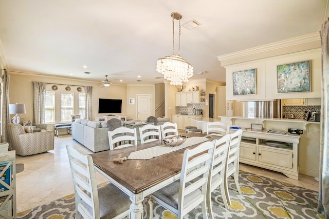 dining area with recessed lighting, visible vents, crown molding, and ceiling fan with notable chandelier