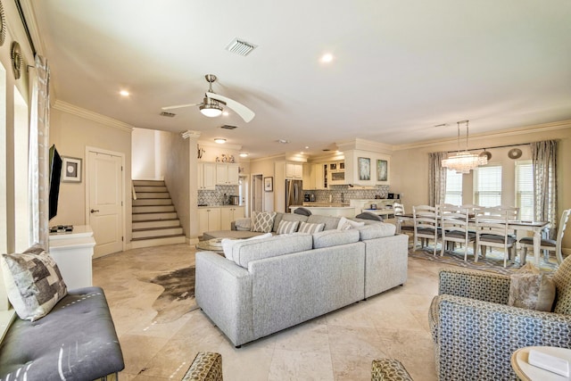 living area with visible vents, ornamental molding, a ceiling fan, recessed lighting, and stairway