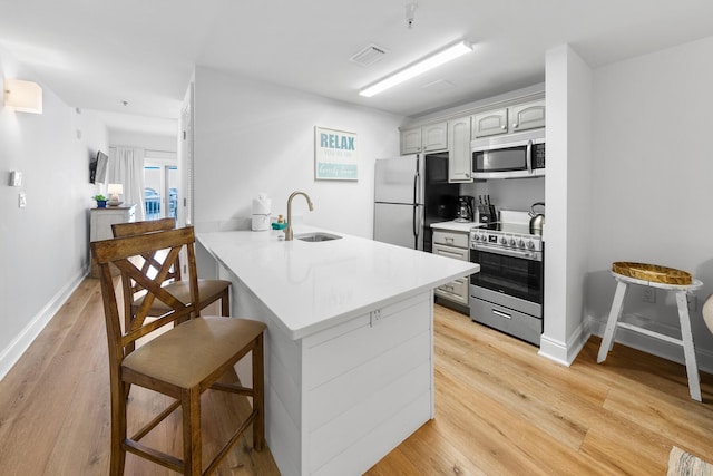 kitchen with visible vents, light wood-style flooring, appliances with stainless steel finishes, a peninsula, and a sink