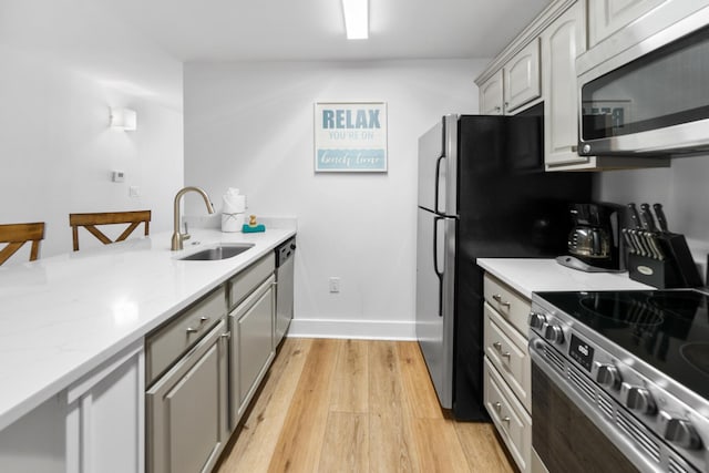 kitchen with stainless steel appliances, a sink, baseboards, gray cabinets, and light wood finished floors