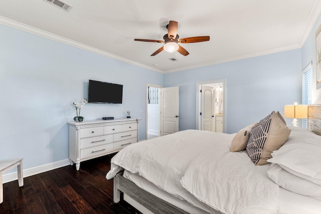 bedroom with dark wood-style floors, visible vents, ornamental molding, and baseboards