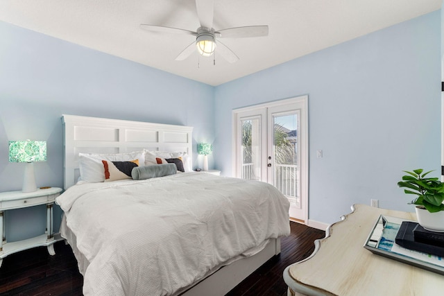 bedroom with dark wood-type flooring, access to outside, ceiling fan, and baseboards