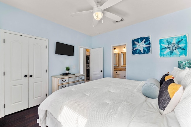 bedroom featuring visible vents, connected bathroom, ceiling fan, dark wood-style flooring, and a closet