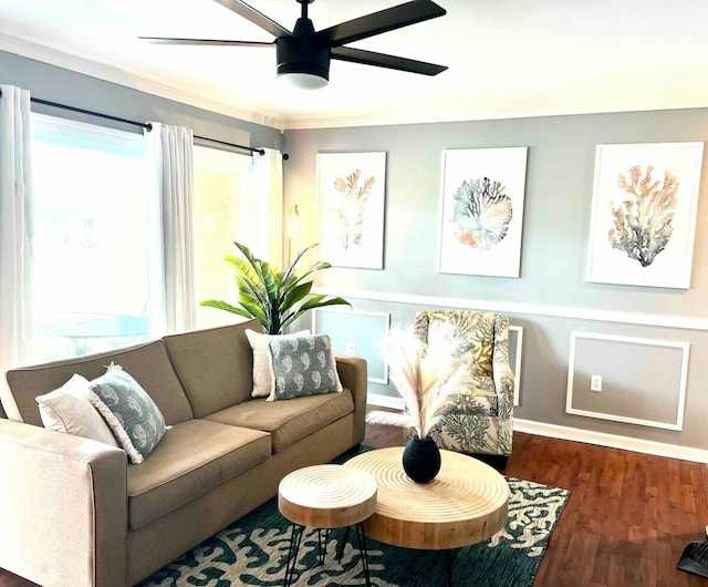 living area with wood finished floors and ceiling fan