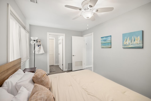 bedroom featuring visible vents and a ceiling fan