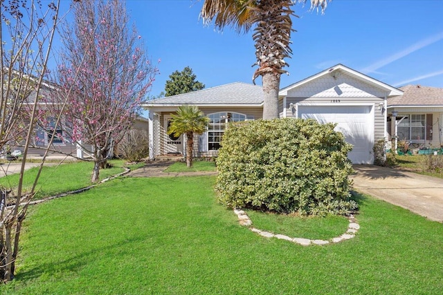 single story home featuring an attached garage, concrete driveway, and a front yard