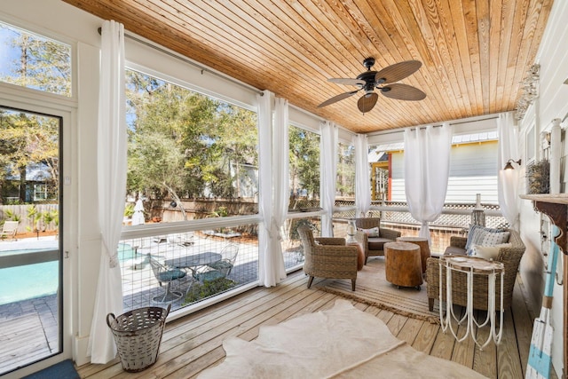 sunroom featuring ceiling fan and wooden ceiling