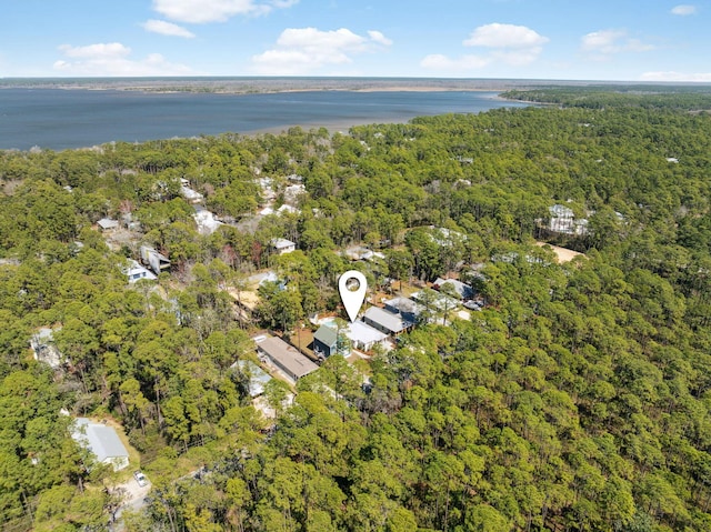 aerial view featuring a view of trees and a water view