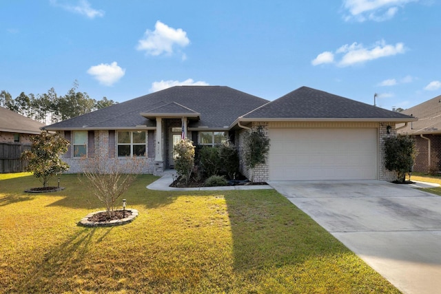 view of front of home featuring concrete driveway, brick siding, an attached garage, and a front yard