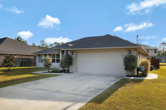 ranch-style house with a garage, a front yard, brick siding, and fence