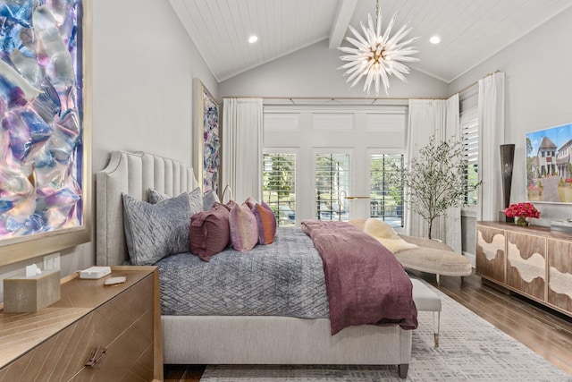 bedroom featuring recessed lighting, a notable chandelier, lofted ceiling with beams, and wood finished floors