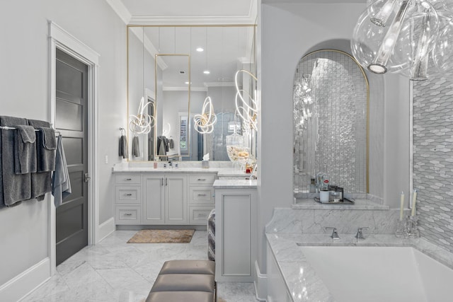 full bath with marble finish floor, recessed lighting, ornamental molding, vanity, and a bath