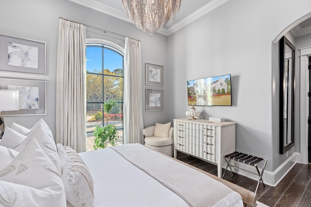 bedroom featuring arched walkways, crown molding, dark wood-type flooring, access to outside, and baseboards