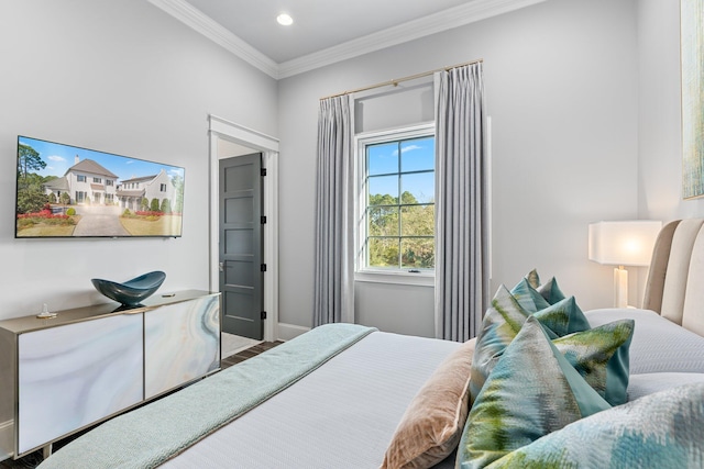 bedroom with recessed lighting, crown molding, and baseboards