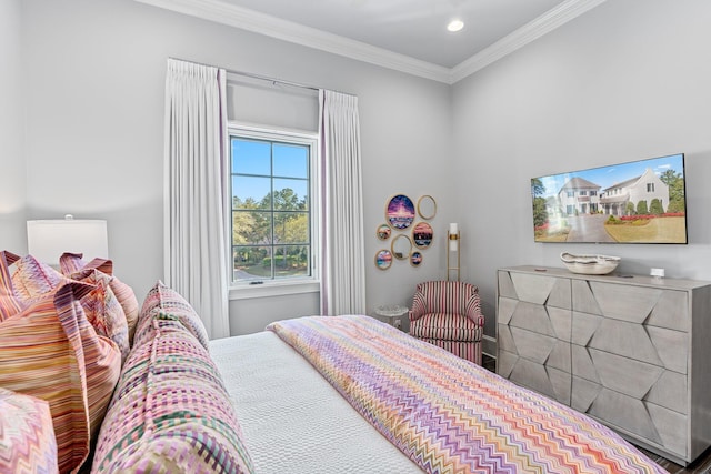 bedroom featuring recessed lighting and crown molding