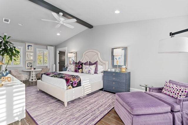 bedroom with lofted ceiling with beams, recessed lighting, wood finished floors, visible vents, and baseboards