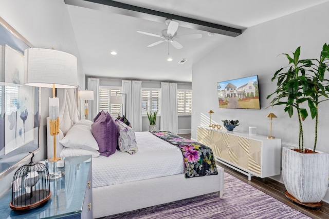 bedroom with recessed lighting, visible vents, lofted ceiling with beams, wood finished floors, and baseboards