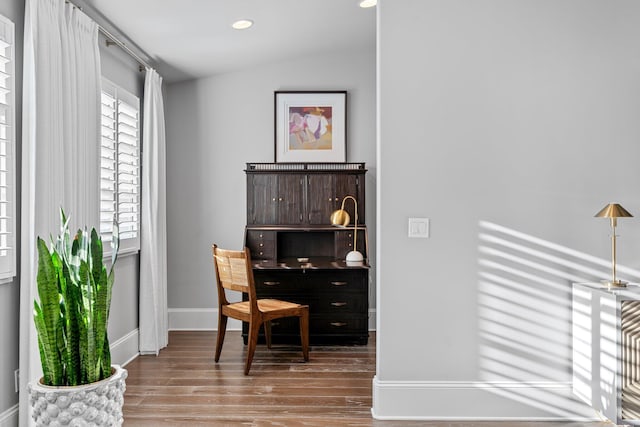 office area featuring recessed lighting, baseboards, and wood finished floors