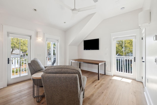 254 E Yacht Pond Ln, Watersound, FL 32461 - living room featuring lofted ceiling, light wood-style flooring, and ceiling fan