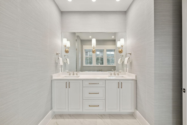 254 E Yacht Pond Ln, Watersound, FL 32461 - full bathroom with marble finish floor, tile walls, double vanity, and a sink