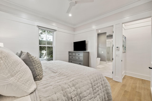 254 E Yacht Pond Ln, Watersound, FL 32461 - bedroom with connected bathroom, wood finished floors, baseboards, ceiling fan, and recessed lighting