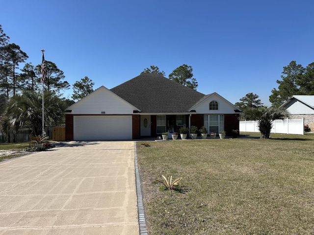 ranch-style house with a garage, driveway, a front lawn, and fence