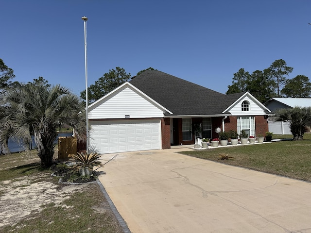 ranch-style home with brick siding, a front lawn, fence, concrete driveway, and an attached garage