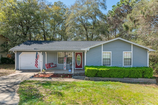 single story home with a shingled roof, covered porch, concrete driveway, an attached garage, and a front lawn