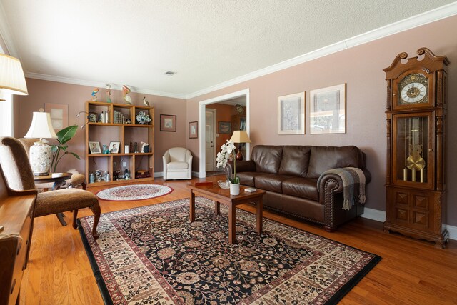 living area featuring baseboards, a textured ceiling, wood finished floors, and ornamental molding