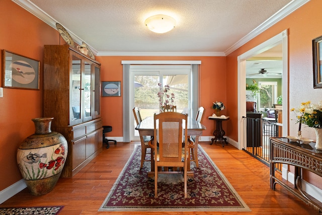 dining room featuring a ceiling fan, a textured ceiling, wood finished floors, and crown molding