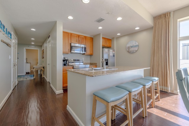 kitchen with dark wood-style floors, stainless steel appliances, a sink, and recessed lighting