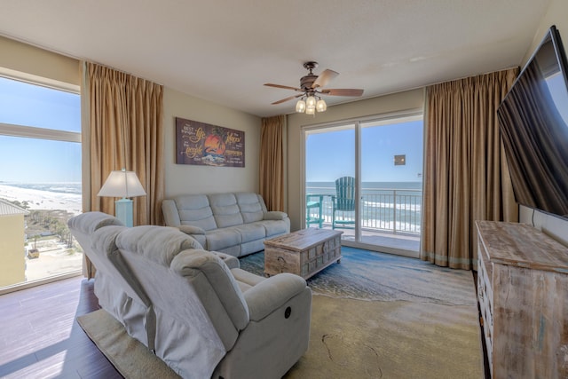 living area featuring a wealth of natural light, ceiling fan, and wood finished floors