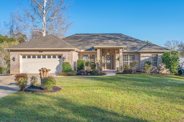 ranch-style house featuring a front lawn, concrete driveway, an attached garage, brick siding, and a chimney