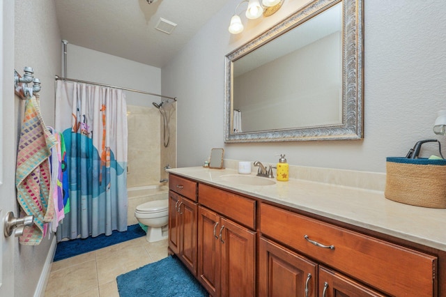 full bathroom featuring visible vents, toilet, tile patterned flooring, shower / bath combination with curtain, and vanity